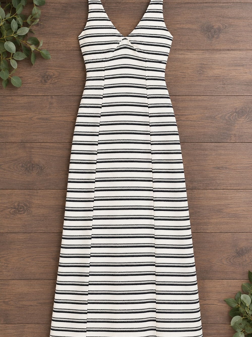 Universal Thread Black and Gray Striped V-Neck Maxi Dress, on Cream.